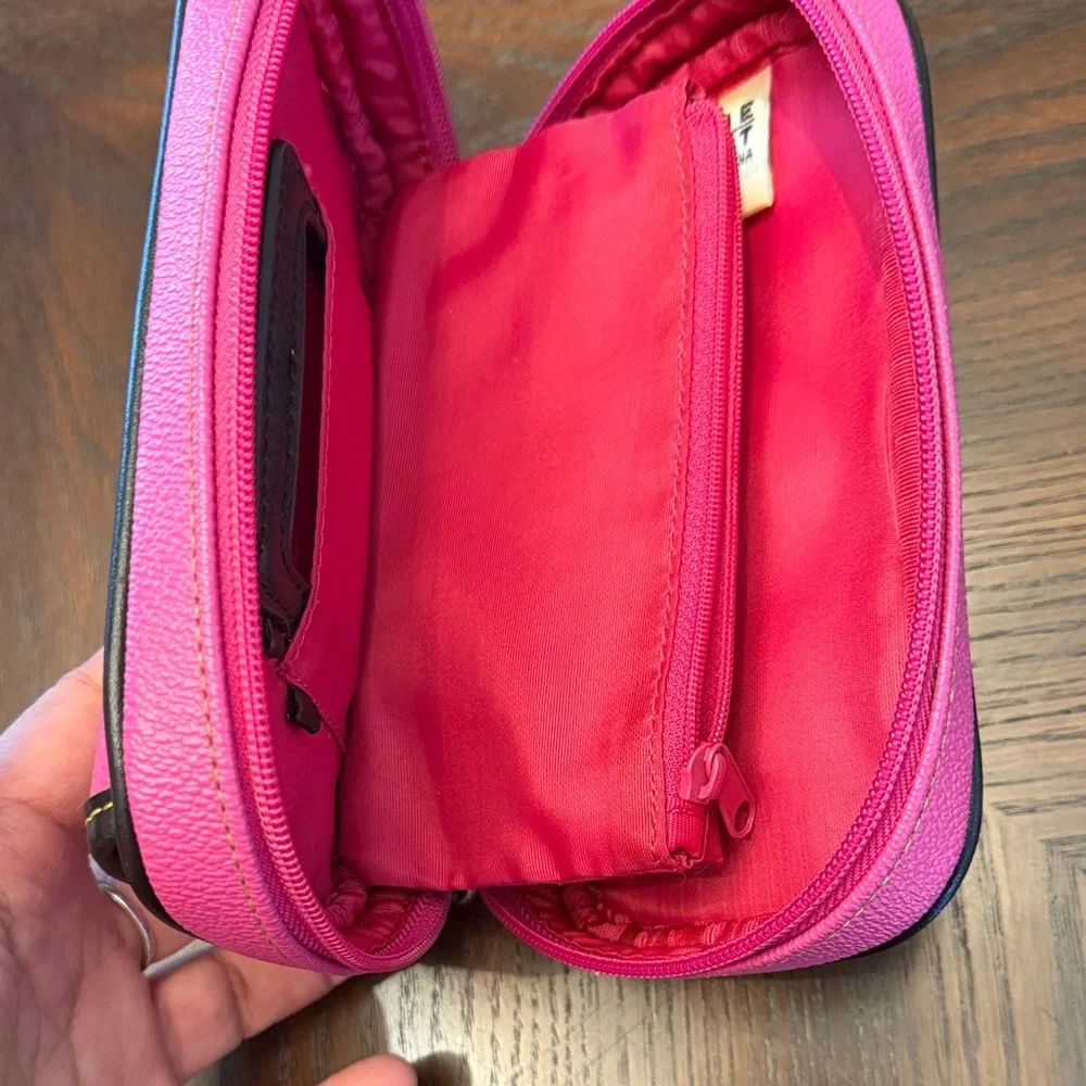 Nine West Hot Pink Cosmetic Makeup Bag Travel Organizer Black Trim